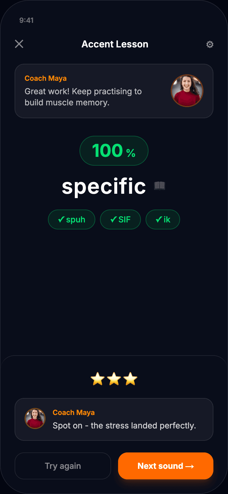 NativeVoice app preview showing a successful pronunciation score