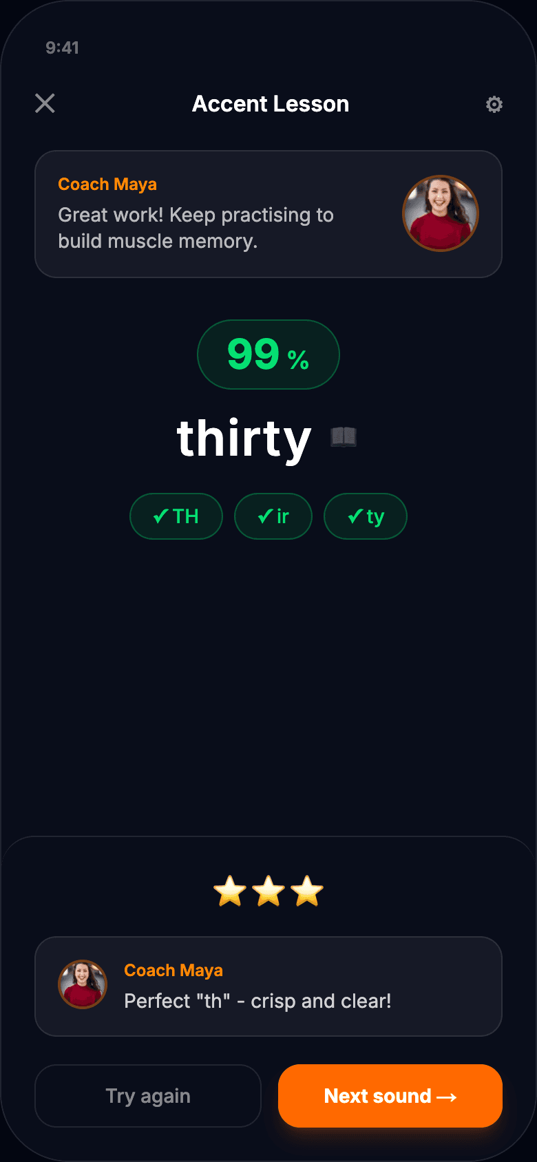 NativeVoice pronunciation practice screen showing a completed word exercise