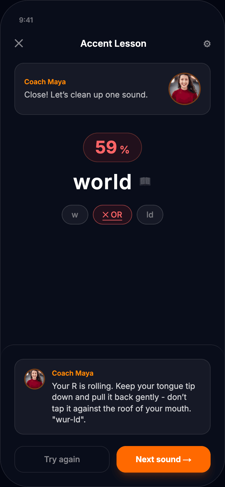NativeVoice app preview showing targeted feedback on a pronunciation attempt